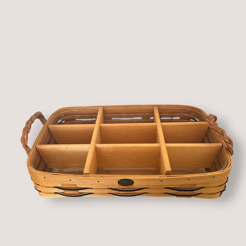 Peterboro Basket Company Divided Wood Tray Leather Handles Brown Navy Blue